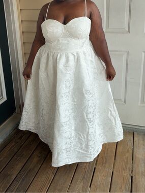 Fashion Nova White Floral Jacquard Midi Dress with Spaghetti Straps